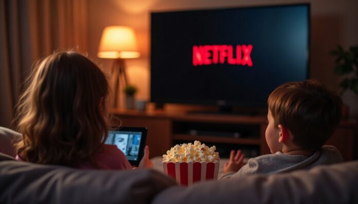 Family watching Netflix on TV in a cozy living room with popcorn